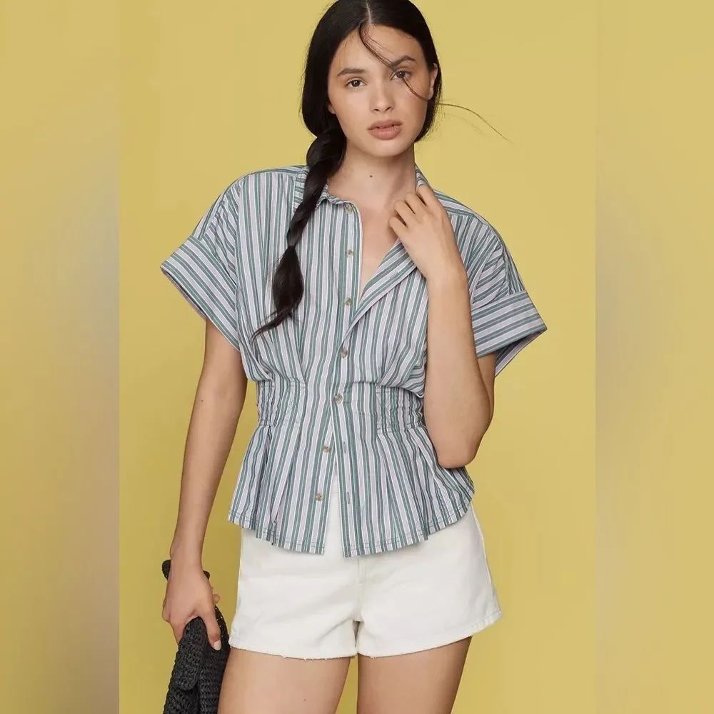 Anthropologie The Bobbie Short-Sleeve Fitted-Waist Blouse by Pilcro